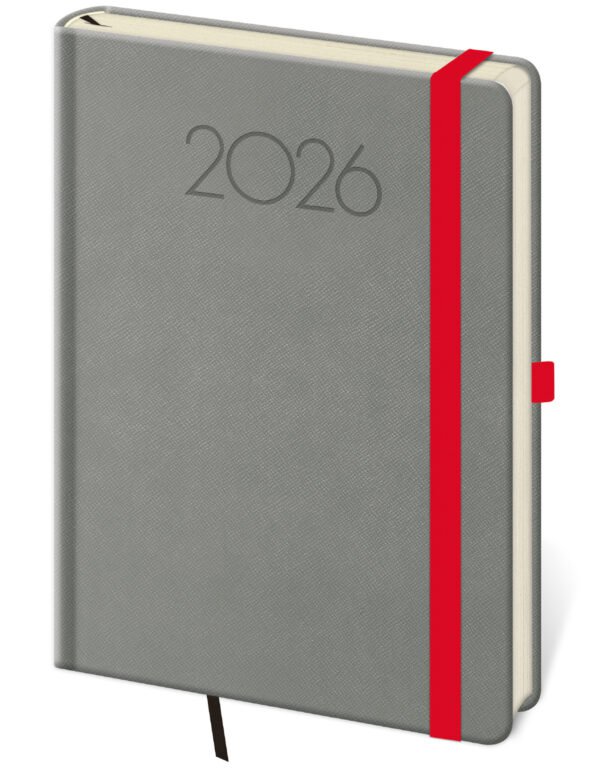 Diáre 2026, pracovné diáre - Týždenný diár A5 New Praga tmavo šedý s gumičkou